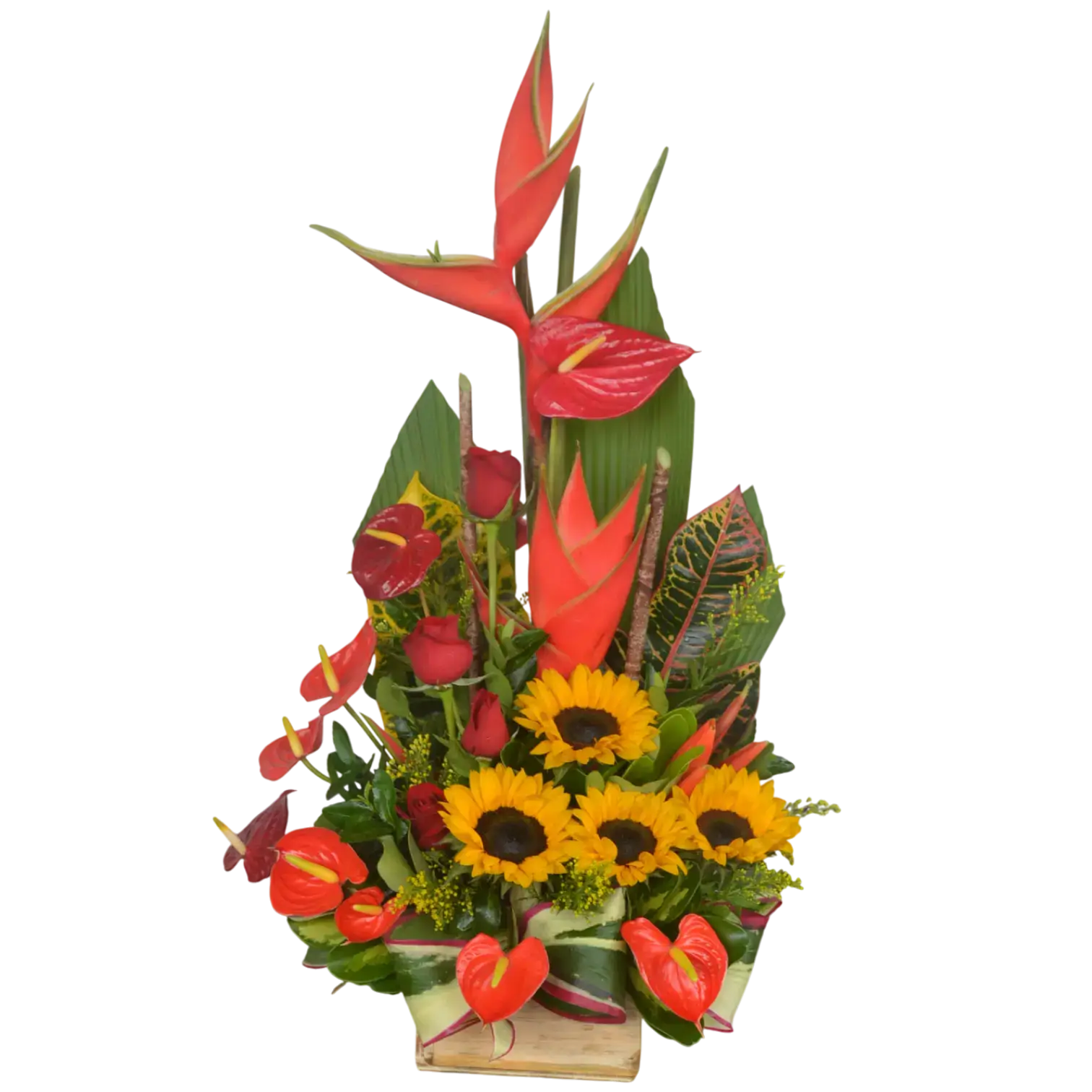 Arreglo tropical con heliconias, anthuriums, girasoles y rosas