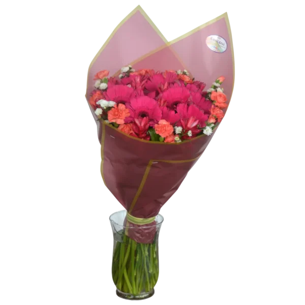 Bouquet Fiesta Fucsia – Gerberas & Claveles (envuelto)