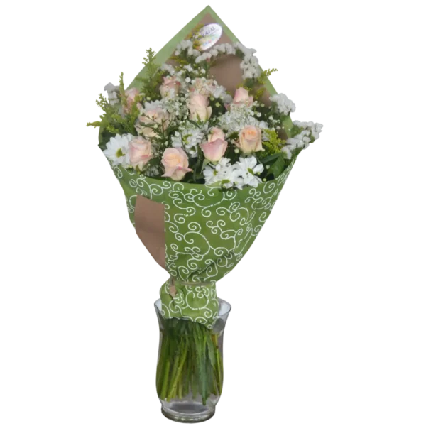 Bouquet de rosas champán con margaritas blancas